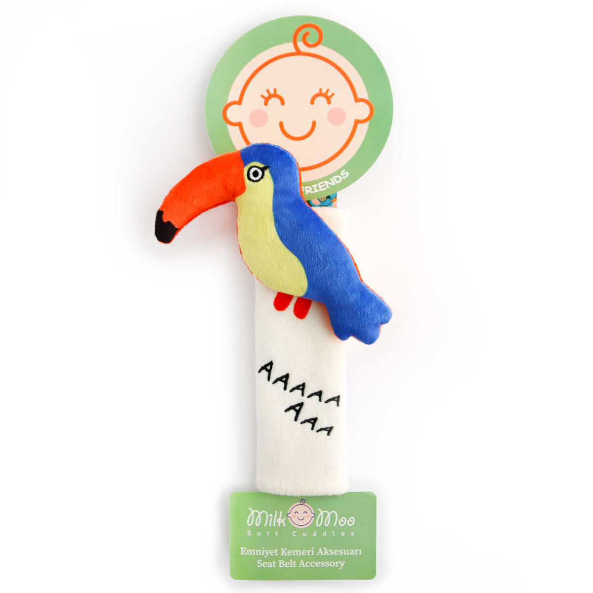 Milk&Moo Flying Toucan Gurtpolster für Kindersitz, aus weichem Polyester Samt, in buntem Design, ideal für Kinder von 0 Monaten an.